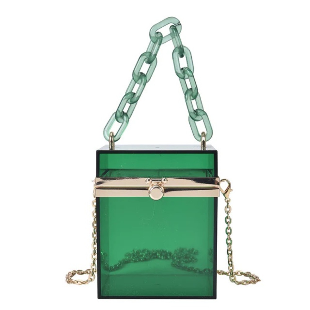 Clear Transparent Acrylic Box Purse Handbag Shoulder Bag Snap Closure Green Gold
